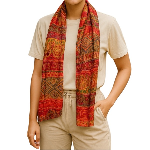 Chico’s Silk Bohemian Multicolored Beaded Ethnic Print Lightweight Scarf - Picture 1 of 6